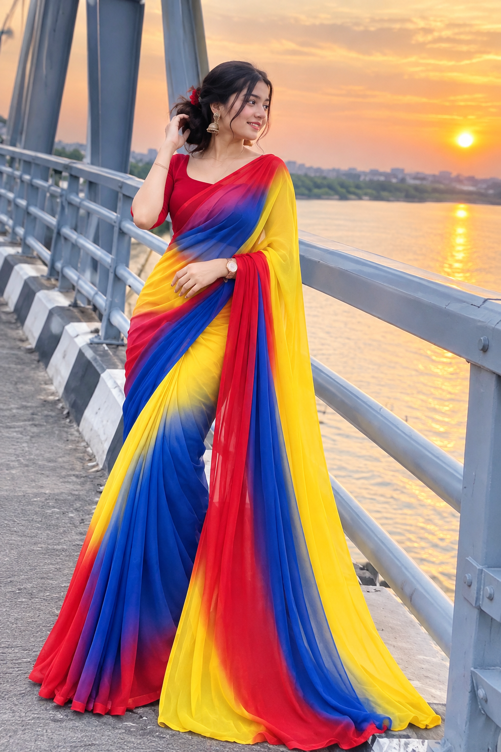 প্রিমিয়াম ইন্ডিয়ান ওয়েটলেস জর্জেট শাড়ি